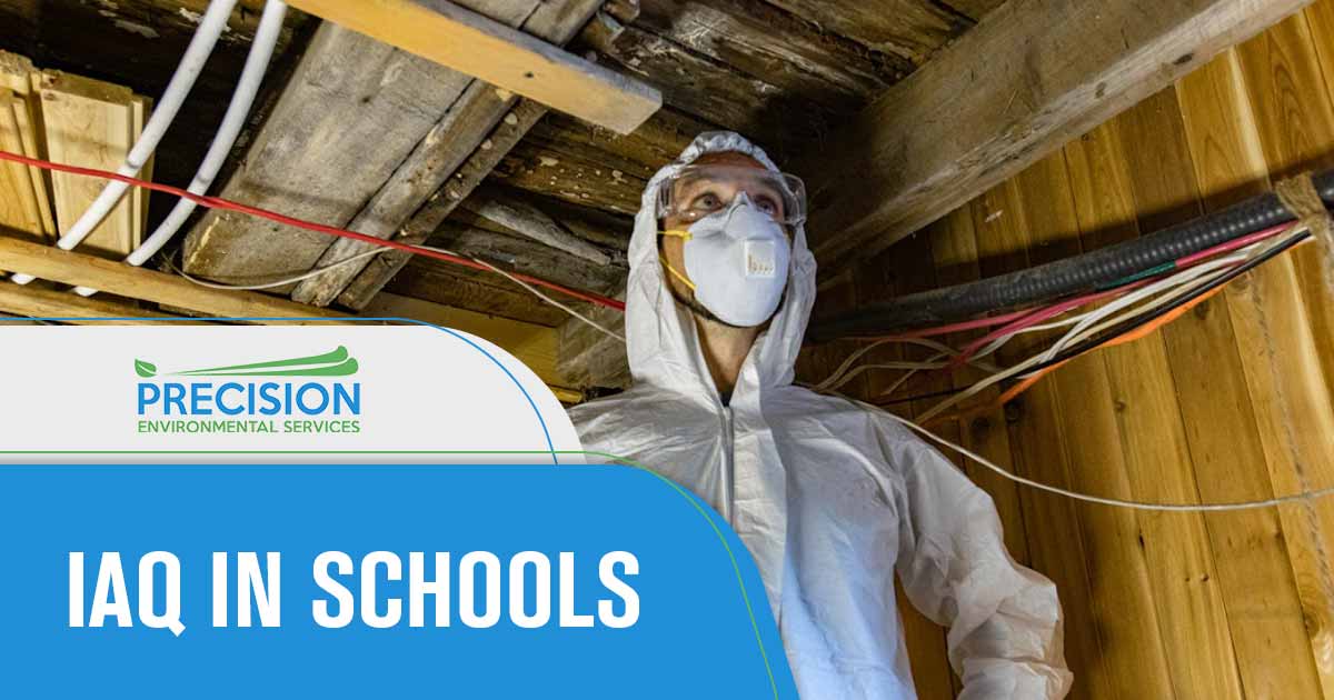 Image of inspector in hazmat suit and air filtration mask standing looking up at a ceiling. Precision Environmental Services - Indoor air quality can be a serious health hazard, yet most people are unaware of its dangers. Ignoring the issue can cause allergies, asthma, and even more serious consequences â€” but itâ€™s hard to know when and where to start looking for solutions.