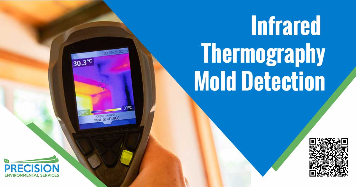 Image of a infrared thermography mold detection device visualizing mold on a wall. Infrared thermography mold detection text is overlaid on a blue background on the right side of the image. Infrared thermography is an important tool for mold detection in air quality testing. This technology provides a fast and non-contact method of measuring surface temperatures and detecting temperature changes, which can help identify potential areas of moisture and/or water intrusion, which are often associated with mold growth. Additionally, infrared thermography can be used to detect temperature differences in wall cavities, which can indicate the presence of mold growth. By using this technology, inspectors can quickly and accurately assess the air quality of a building, allowing for efficient remediation and improved air quality.