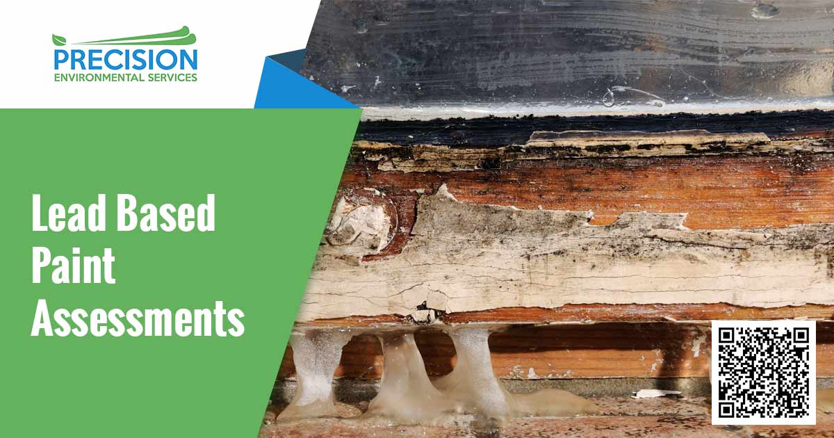 Image of wood on a wall with deteriorating paint. Lead based paint assessment is overlaid on a green background on the left side of the image. Lead-based paint assessments are important because they identify any potential hazards in a home or building. Lead-based paint can be hazardous to the health of people if ingested or inhaled, and it can also cause damage to the environment if not managed properly. Lead-based paint assessments identify any areas of concern and provide recommendations for removal or containment of lead-based paint. These assessments can help to protect the health of tenants, workers, and visitors, as well as the environment.