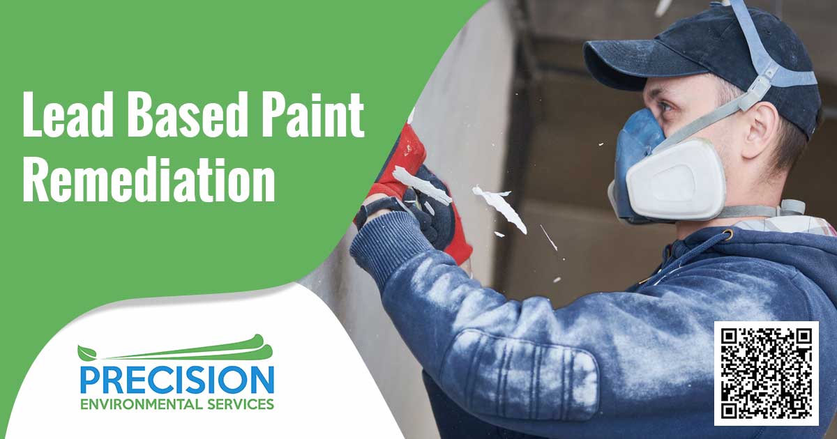 Image of a man wearing a air filter who is strapping paint from a wall. Lead based paint remediation text is overlaid on a green background on the left side of the image. Lead-based paint remediation is an important process to reduce the risk of exposure to lead-based paint hazards. It involves the identification, removal, and disposal of any lead paint present in a home or other structure, as well as the testing and cleanup of any contaminated surfaces. The remediation of lead-based paint is important because exposure to lead can cause serious health problems, including learning disabilities, behavioral problems, and even death. Lead-based paint was commonly used in homes built before 1978, so it is important to assess and remediate any lead-based paint present in older homes.