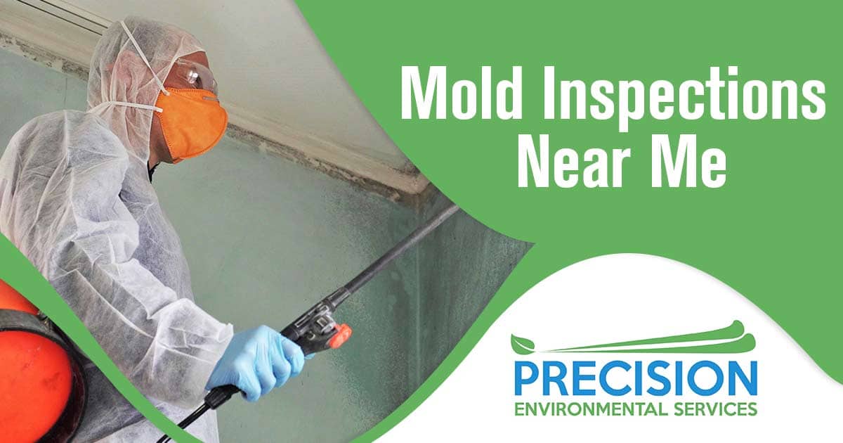 Image of a man in a hazmat suit, face mask and eye protection with a spraying device in his right hand. Mold inspections near me text is overlaid on a green background on the top right hand side of the image. Mold inspections near me is a service offered by certified mold inspectors to inspect a property for visible or hidden mold. The inspector will look for signs of mold or moisture in areas such as attics, basements, crawlspaces, and other areas of the home where mold could be a problem. After the inspection, the inspector may take samples to test for mold and provide the homeowner with a detailed report of their findings.