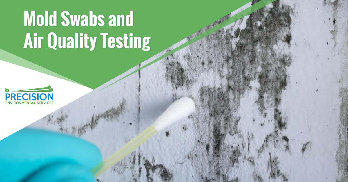 Image of a persons gloved hand taking a swab with a cotton tipped swab of mold on a wall. Mold swabs and air quality testing text is overlaid on a green background on the top left hand side of the image. Mold swab testing is a type of environmental testing that involves the collection of mold spores and other organic particles from a surface or area of the home. This type of testing is often used to determine the presence and extent of mold contamination in a home or business. Air quality testing, also known as indoor air quality testing, involves the measurement and evaluation of various components of the air that may be present inside a building. Such components include dust, pollen, mold, bacteria, and other particles. This type of testing is often used to identify sources of indoor air pollution and to develop strategies to reduce or eliminate them.