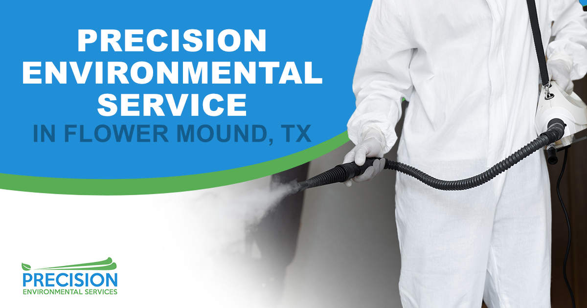 Precision Environmental Service in Flower Mound, TX Image of a disinfector in a protective suit conducting home disinfection against COVID-19 and other contaminants, featuring Precision Environmental Services and highlighting their professional services in Flower Mound, TX.