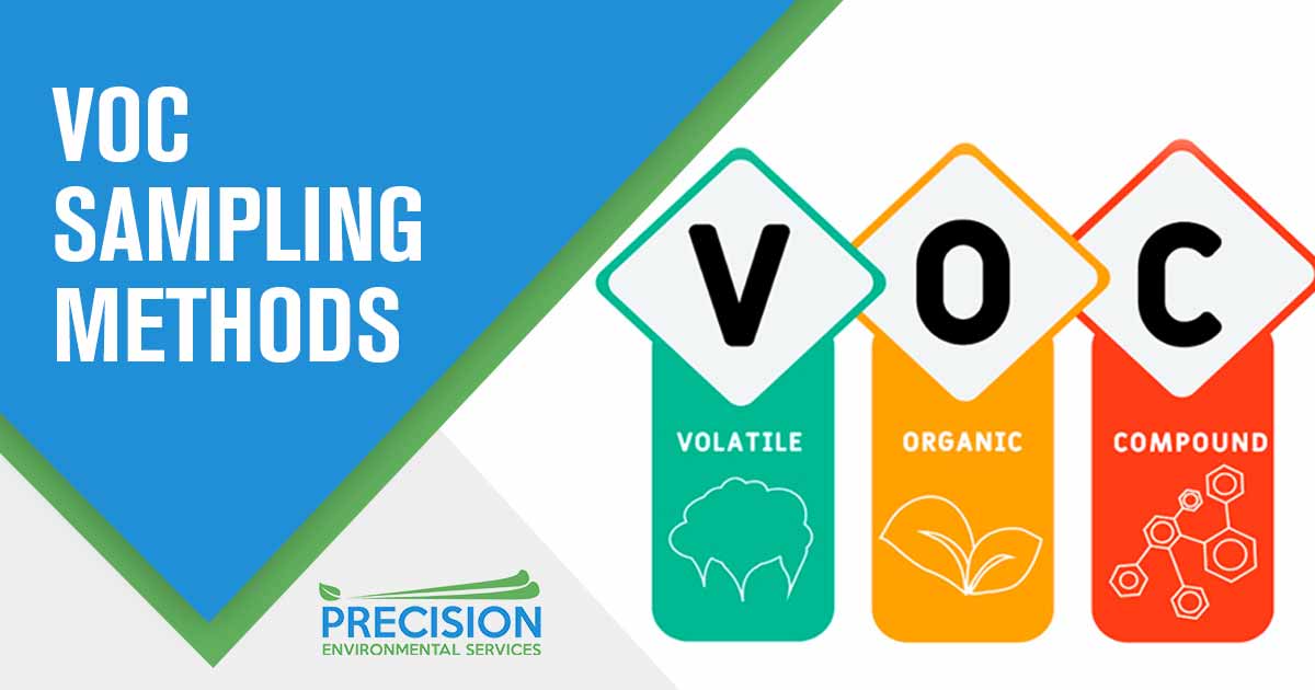 Image of VOC for volatile organic compounds in green, yellow and red. Precision Environmental Services has the expertise and experience to help you find the best VOC sampling method for your needs. Our experienced technicians will ensure accurate results for lower cost, so you can accurately detect VOCs before they become a bigger problem.