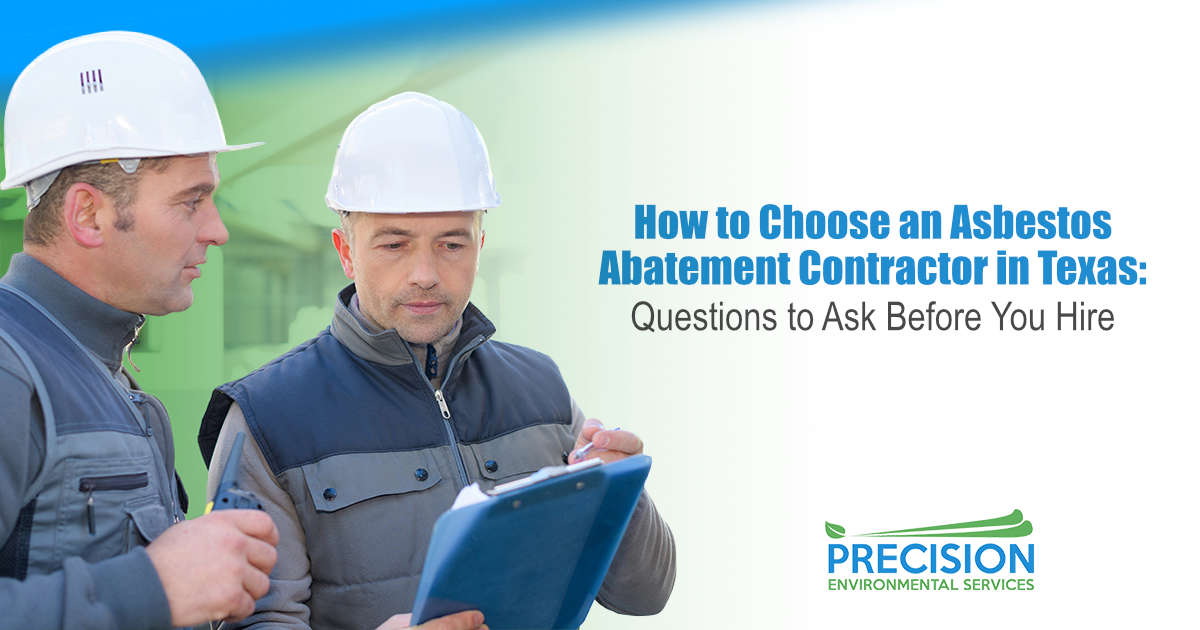 Two asbestos abatement contractors reviewing inspection notes at a commercial property in Texas.