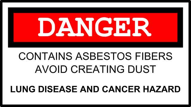 Illustration of a sign with DANGER in a red box and the text: contains asbestos fibers, avoid creating dust, lung disease and cancer hazard